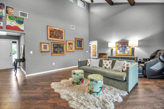living room with high vaulted ceiling, baseboards, wood finished floors, beamed ceiling, and a ceiling fan