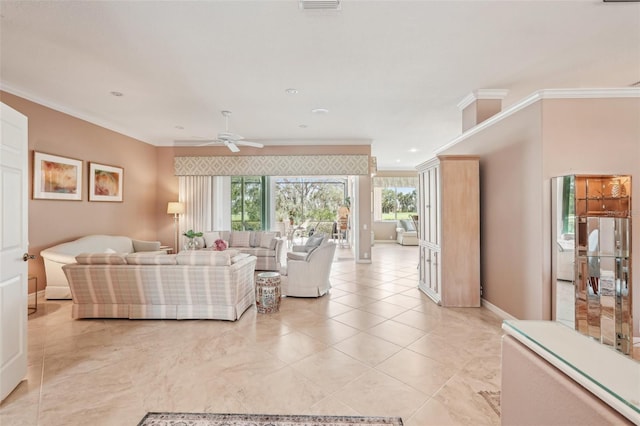 431 Fieldstone Dr, Venice, FL 34292 - living area with crown molding, a ceiling fan, baseboards, and recessed lighting
