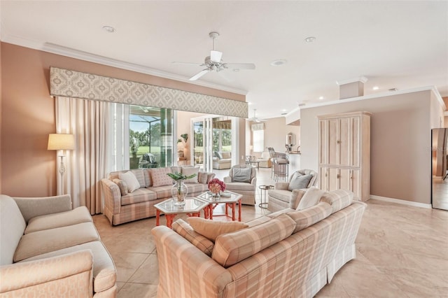 431 Fieldstone Dr, Venice, FL 34292 - living area featuring ornamental molding, ceiling fan, recessed lighting, baseboards, and light tile patterned flooring