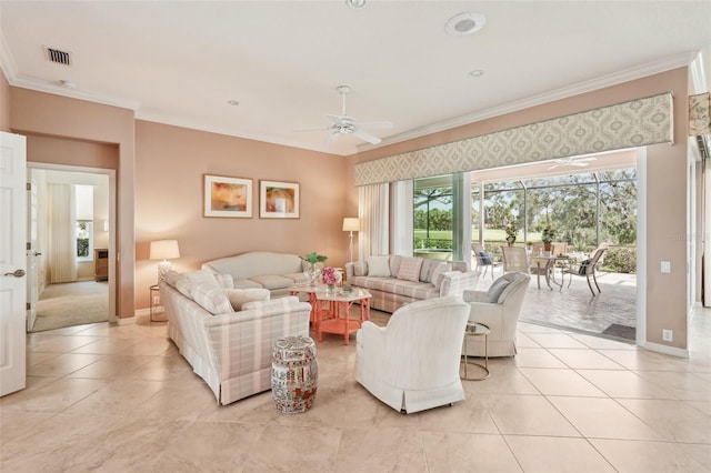 431 Fieldstone Dr, Venice, FL 34292 - living area with ceiling fan, light tile patterned floors, ornamental molding, and baseboards