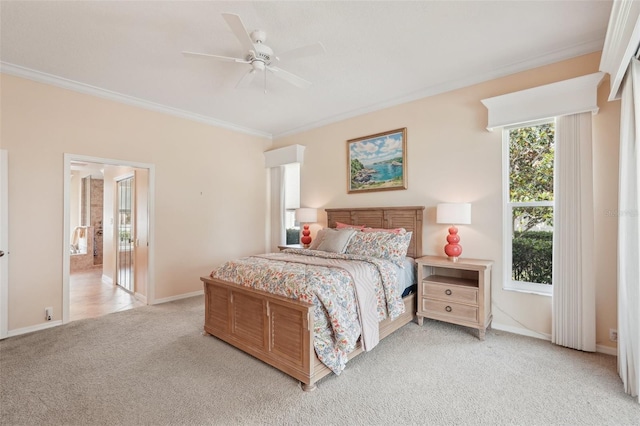 431 Fieldstone Dr, Venice, FL 34292 - bedroom with light colored carpet, crown molding, baseboards, and ceiling fan