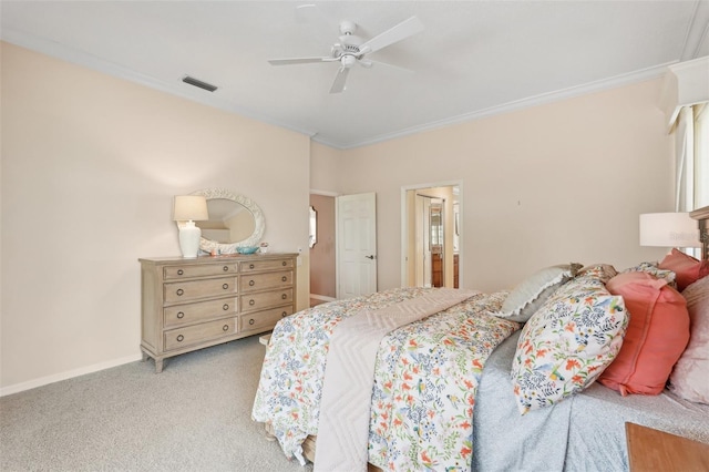 431 Fieldstone Dr, Venice, FL 34292 - bedroom with ornamental molding, light carpet, baseboards, ceiling fan, and connected bathroom