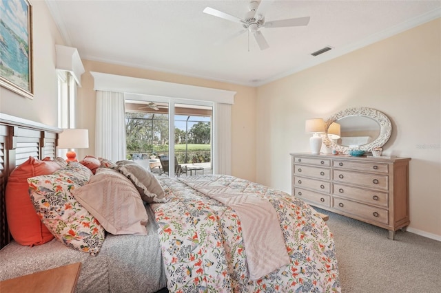 431 Fieldstone Dr, Venice, FL 34292 - bedroom featuring crown molding, access to exterior, light carpet, and a ceiling fan