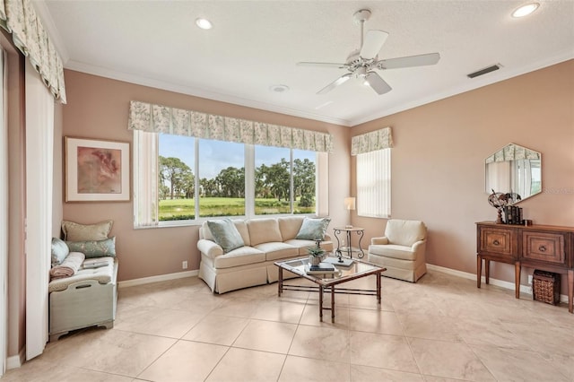 431 Fieldstone Dr, Venice, FL 34292 - living room with crown molding, baseboards, ceiling fan, light tile patterned flooring, and recessed lighting