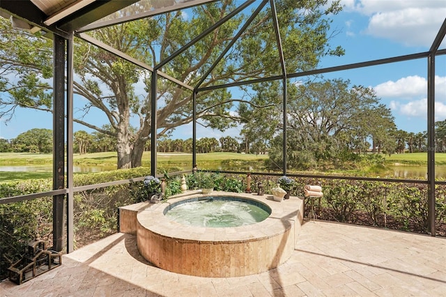 431 Fieldstone Dr, Venice, FL 34292 - sunroom with a hot tub, a water view, and view of scattered trees