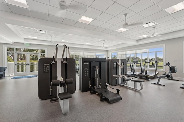 431 Fieldstone Dr, Venice, FL 34292 - exercise room featuring a paneled ceiling and french doors