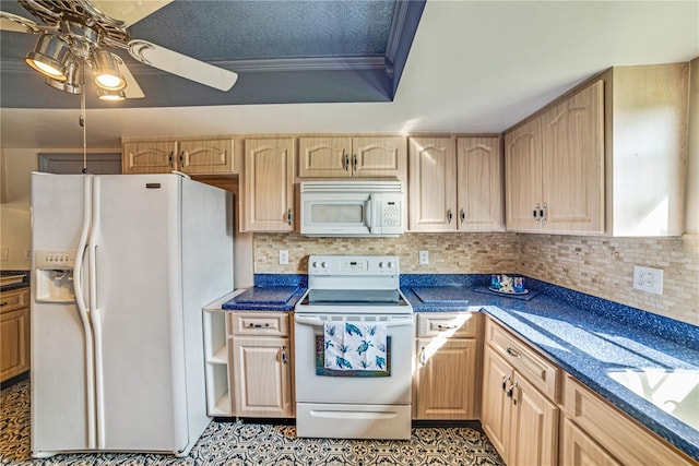 2607 Lancaster Dr Unit 35, Sun City Center, FL 33573 - kitchen with white appliances, ceiling fan, dark countertops, backsplash, and crown molding