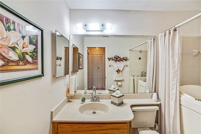 2607 Lancaster Dr Unit 35, Sun City Center, FL 33573 - bathroom with toilet, vanity, and shower / bathtub combination with curtain