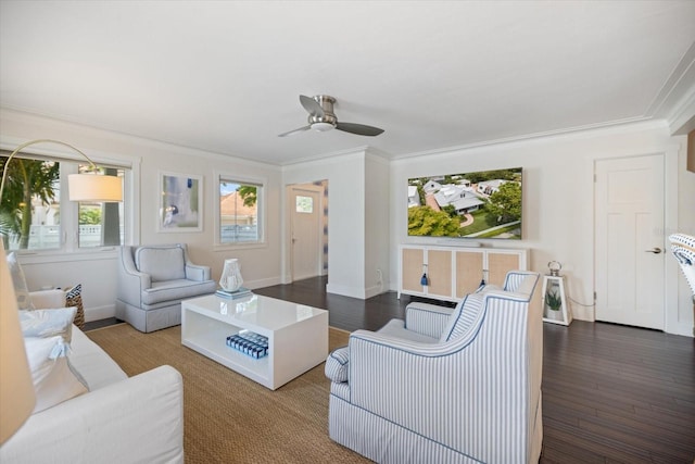 1841 Datura St, Sarasota, FL 34239 - living area featuring crown molding, wood finished floors, a ceiling fan, and baseboards