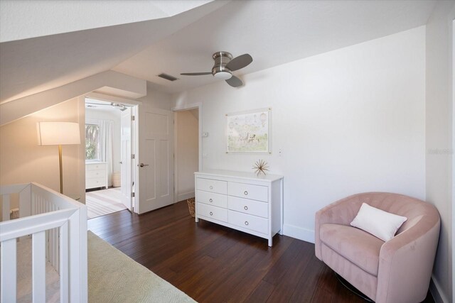 1841 Datura St, Sarasota, FL 34239 - bedroom with dark wood-style flooring, vaulted ceiling, a ceiling fan, and baseboards