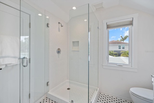 1841 Datura St, Sarasota, FL 34239 - bathroom with a shower stall, baseboards, toilet, tile patterned flooring, and recessed lighting