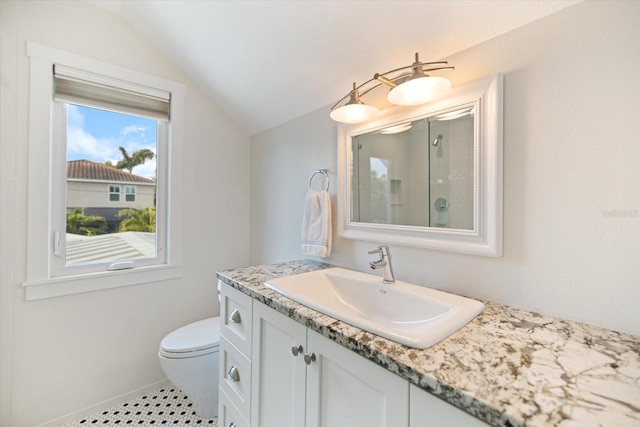 1841 Datura St, Sarasota, FL 34239 - bathroom with vaulted ceiling, toilet, vanity, and baseboards