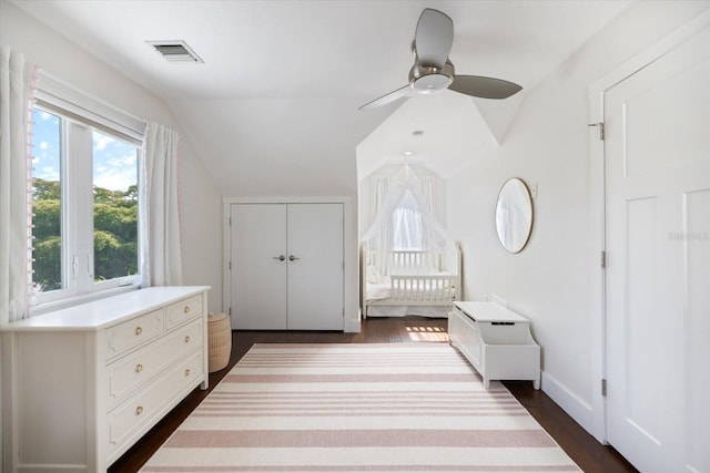 1841 Datura St, Sarasota, FL 34239 - bedroom featuring lofted ceiling, dark wood-type flooring, a ceiling fan, and baseboards