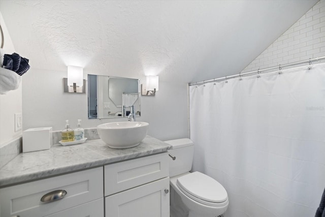 1841 Datura St, Sarasota, FL 34239 - full bath featuring vaulted ceiling, toilet, vanity, and a textured ceiling