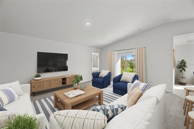 living area with lofted ceiling, recessed lighting, carpet floors, and baseboards