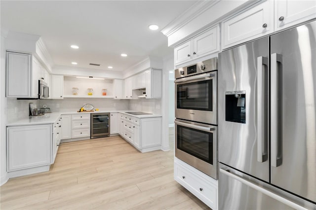 kitchen with appliances with stainless steel finishes, beverage cooler, open shelves, ornamental molding, and backsplash