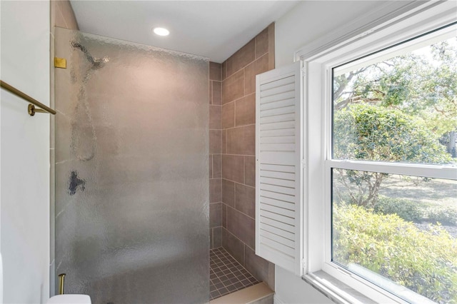 full bathroom featuring a walk in shower and recessed lighting