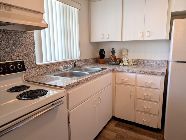 5895 17th St W Unit B-26, Bradenton, FL 34207 - kitchen with white appliances, under cabinet range hood, a sink, dark wood-type flooring, and tasteful backsplash