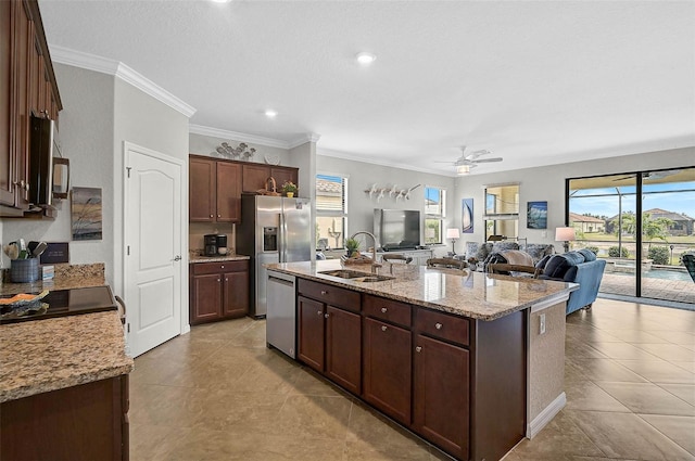 20542 Trattoria Loop, Venice, FL 34293 - kitchen featuring a sink, appliances with stainless steel finishes, a ceiling fan, light tile patterned floors, and crown molding