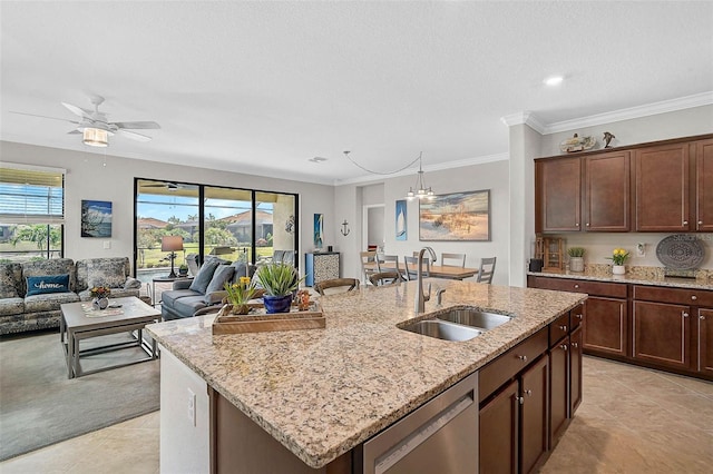 20542 Trattoria Loop, Venice, FL 34293 - kitchen with dishwasher, a sink, light tile patterned floors, open floor plan, and crown molding