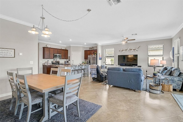 20542 Trattoria Loop, Venice, FL 34293 - dining area with crown molding, ceiling fan, light tile patterned floors, and recessed lighting