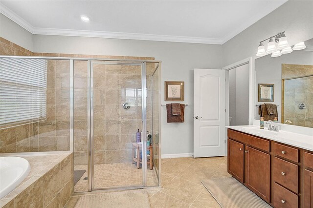 20542 Trattoria Loop, Venice, FL 34293 - bathroom featuring a stall shower, tile patterned floors, crown molding, a bath, and vanity