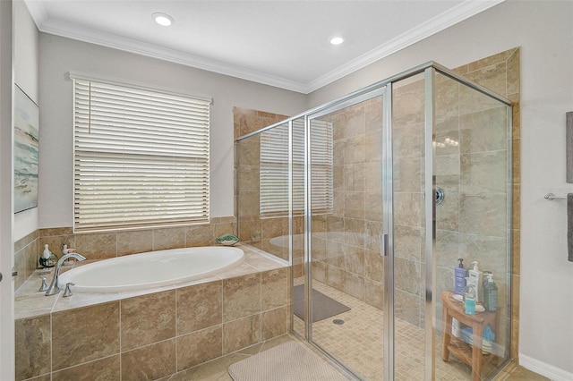 20542 Trattoria Loop, Venice, FL 34293 - full bathroom with a garden tub, a shower stall, ornamental molding, and recessed lighting