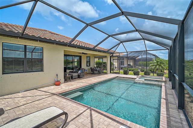 20542 Trattoria Loop, Venice, FL 34293 - view of swimming pool with a patio, a pool with connected hot tub, ceiling fan, and glass enclosure