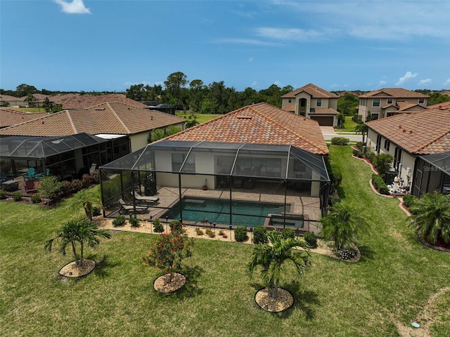 20542 Trattoria Loop, Venice, FL 34293 - outdoor pool featuring a patio, a yard, a residential view, and glass enclosure