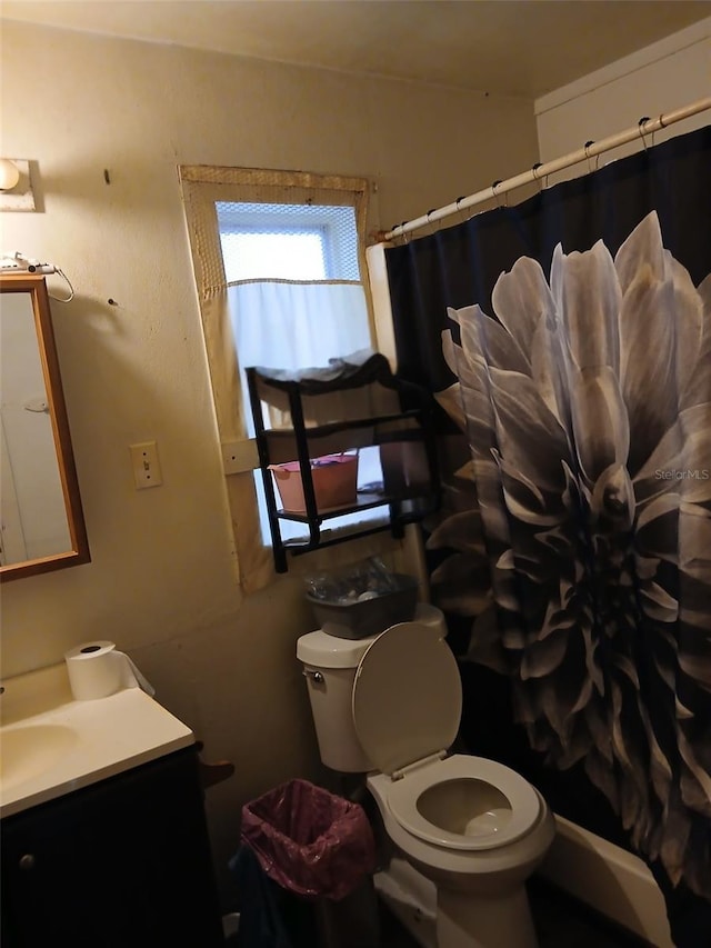bathroom featuring toilet, vanity, and a shower with shower curtain