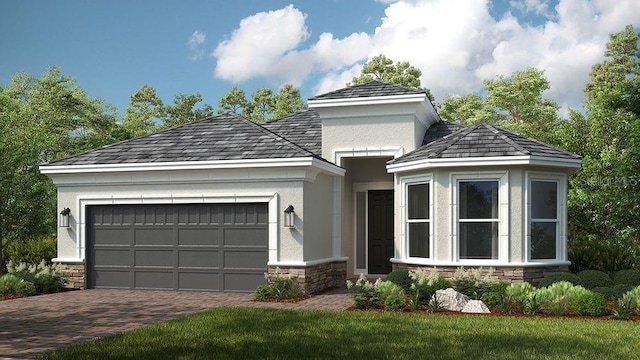view of front facade with stone siding, a garage, stucco siding, and driveway