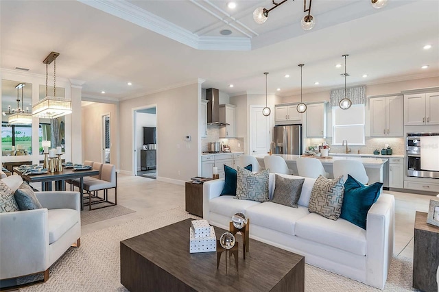 living area featuring recessed lighting, ornamental molding, healthy amount of natural light, light colored carpet, and baseboards