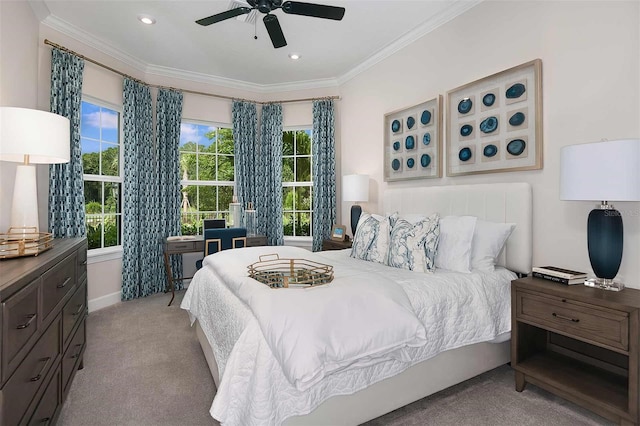 carpeted bedroom featuring ornamental molding, recessed lighting, baseboards, and ceiling fan