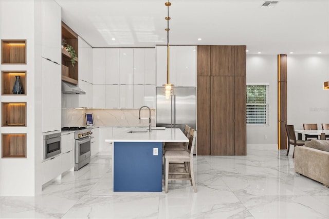 1521 Chestnut Ave, Winter Park, FL 32789 - kitchen featuring modern cabinets, a sink, high end appliances, white cabinetry, and light marble finish floors
