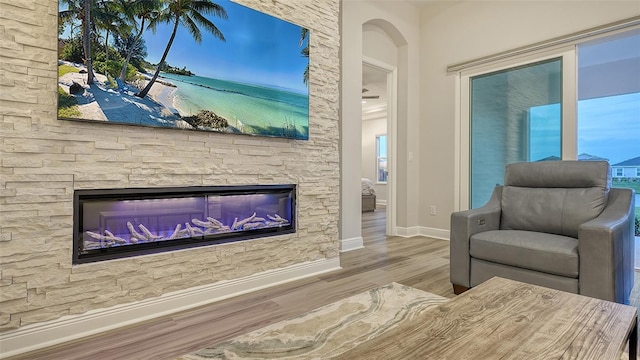 sitting room with baseboards, wood finished floors, and a fireplace