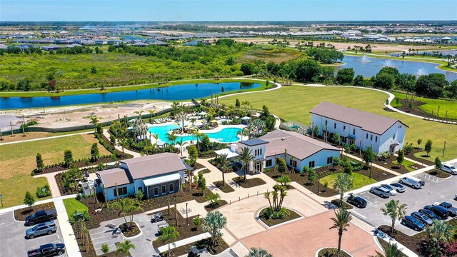 aerial view of a large body of water and a pool