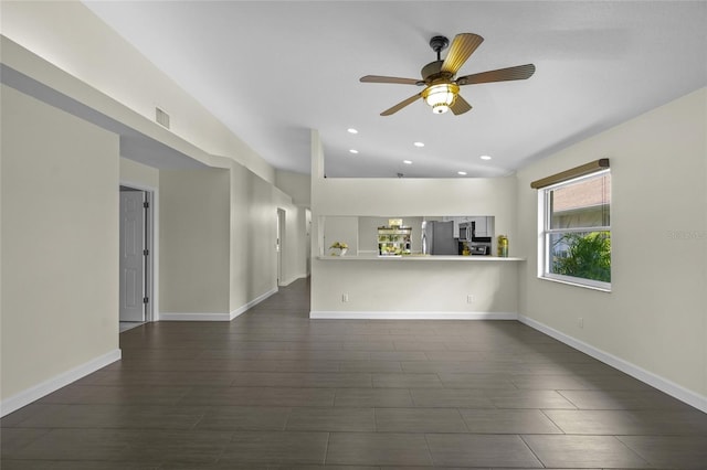 3263 Woodberry Ln Lot 15, Sarasota, FL 34231 - unfurnished living room with ceiling fan, baseboards, dark wood-style floors, and recessed lighting
