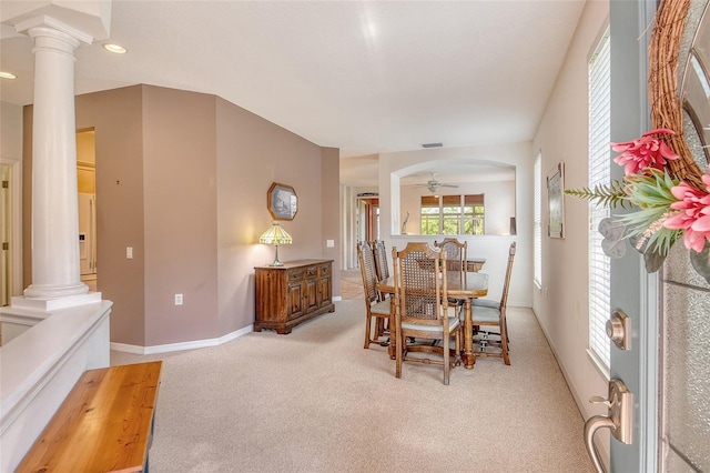 4322 Reflections Pkwy, Sarasota, FL 34233 - dining room with ornate columns, carpet flooring, recessed lighting, a ceiling fan, and baseboards