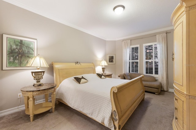 bedroom featuring light colored carpet, crown molding, and baseboards