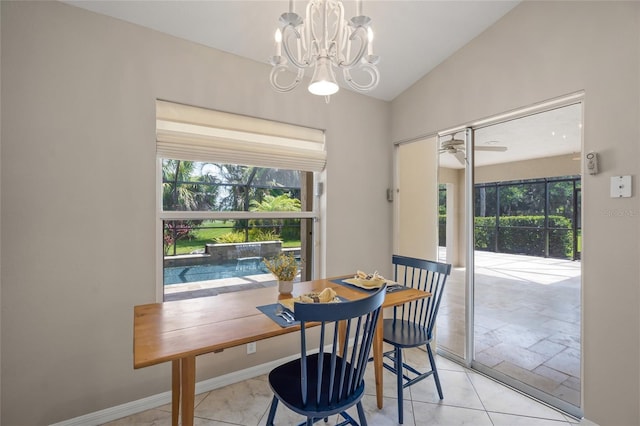 6664 Deering Cir, Sarasota, FL 34240 - dining area featuring vaulted ceiling, a chandelier, and a ceiling fan