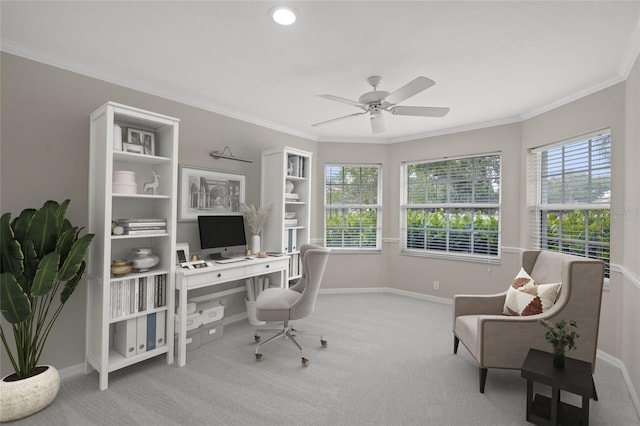 6664 Deering Cir, Sarasota, FL 34240 - carpeted office space featuring ceiling fan, crown molding, and baseboards