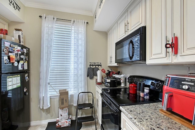 5681 Bidwell Pkwy Unit 102, Sarasota, FL 34233 - kitchen featuring black appliances, ornamental molding, baseboards, light tile patterned floors, and light stone countertops