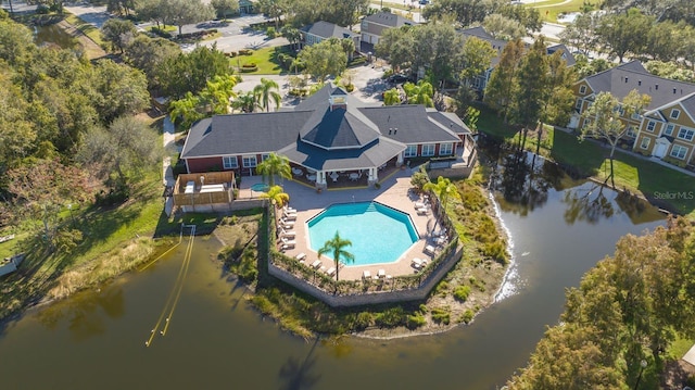 5681 Bidwell Pkwy Unit 102, Sarasota, FL 34233 - aerial view of property and surrounding area featuring a pool and a nearby body of water