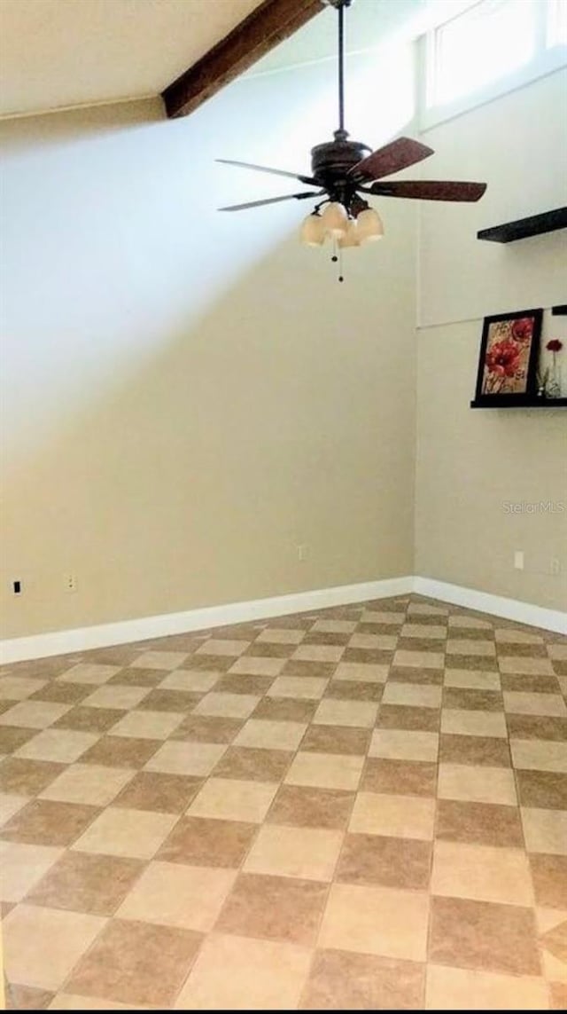 unfurnished room featuring high vaulted ceiling, beamed ceiling, ceiling fan, and baseboards