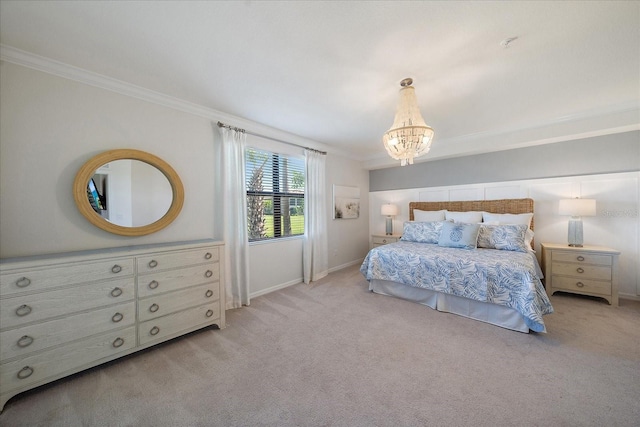 bedroom with a chandelier, ornamental molding, light colored carpet, and baseboards
