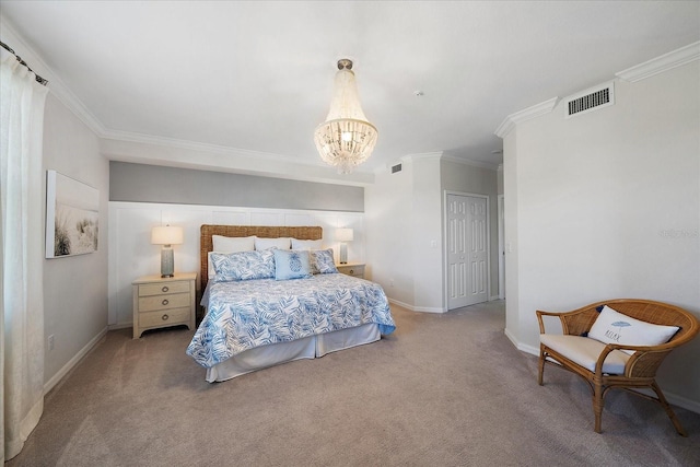 bedroom featuring carpet flooring, a chandelier, baseboards, and ornamental molding