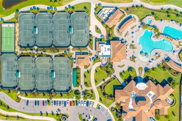 drone / aerial view of a pool