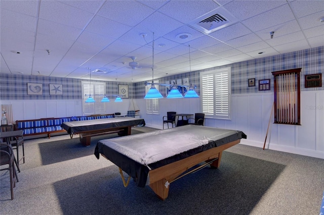 rec room with carpet floors, a drop ceiling, billiards, wainscoting, and wallpapered walls