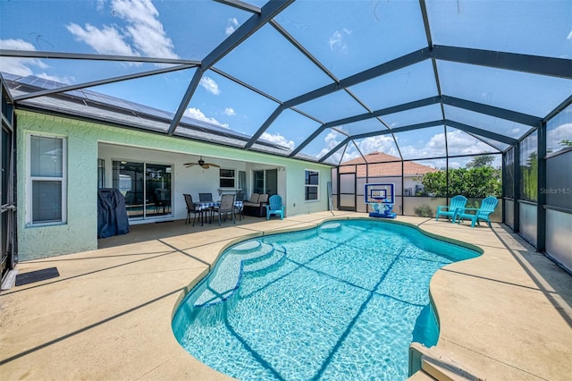 2759 Starview Ave, North Port, FL 34288 - outdoor pool featuring a patio, a ceiling fan, a lanai, and outdoor dining area