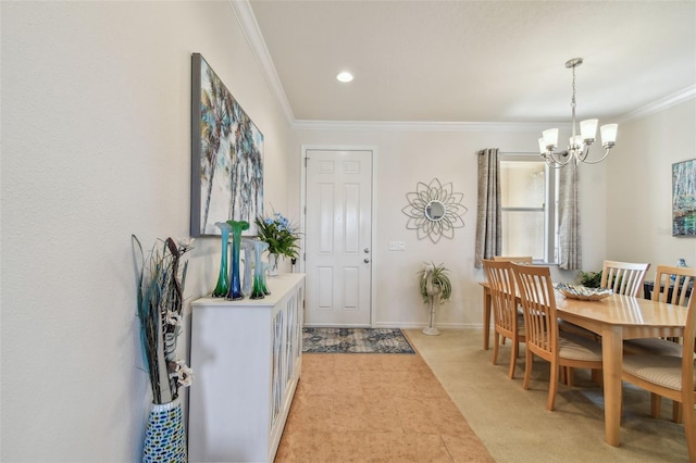 foyer with a chandelier, ornamental molding, light carpet, baseboards, and recessed lighting